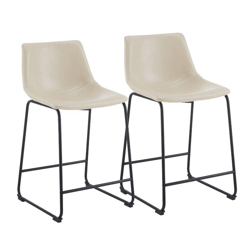 Cream Faux Leather and Black Steel Armless Counter Stools, Set of 2