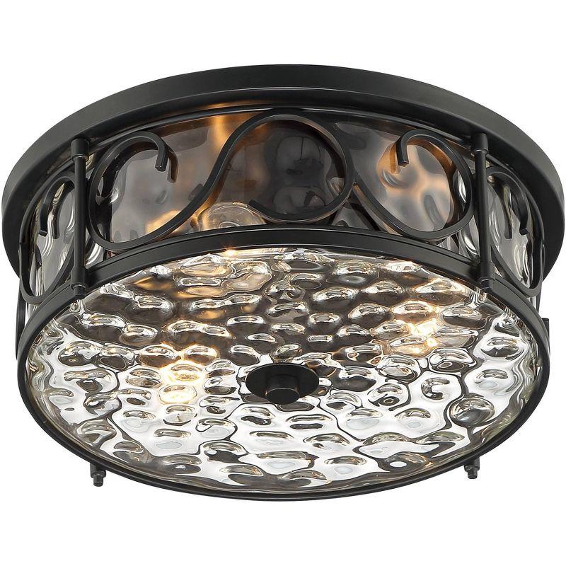 John Timberland Paseo Rustic Industrial Flush Mount Outdoor Ceiling Light Matte Black 6 1/4" Clear Hammered Glass Damp Rated for Post Exterior Barn