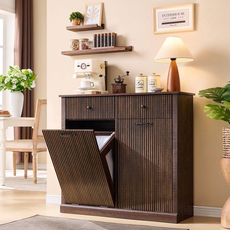 Tilt-Out Trash Cabinet, Hidden Trash Can with 20 Gallon Storage, Wooden Hidden Garbage Can Cabinet with 2 Drawers for Kitchen & Living Room, Brown