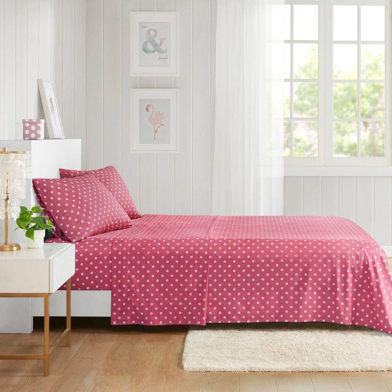 Queen Polka Dot Printed Cotton Sheet Set Dark Pink