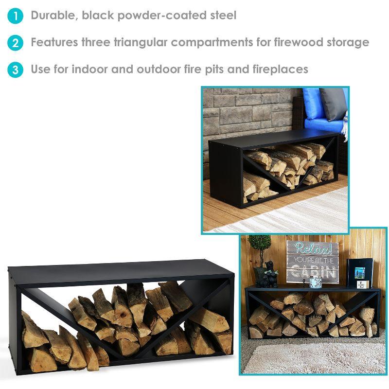 Sunnydaze Indoor/Outdoor Steel Triple Triangle Fire Pit or Fireplace Firewood Log Rack Storage Holder - 41" - Black