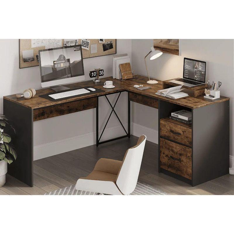 Wash Grey Wood L-Shaped Computer Desk with Drawer and Filing Cabinet