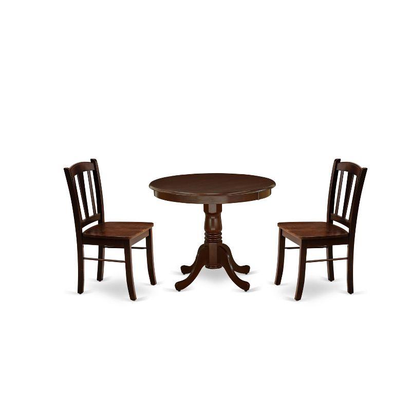 East West Furniture - 3-Piece Dining Room Set- 2 Dining Chair and Modern Round Dining Table - Wooden Seat and Slatted Chair Back (Black Finish)