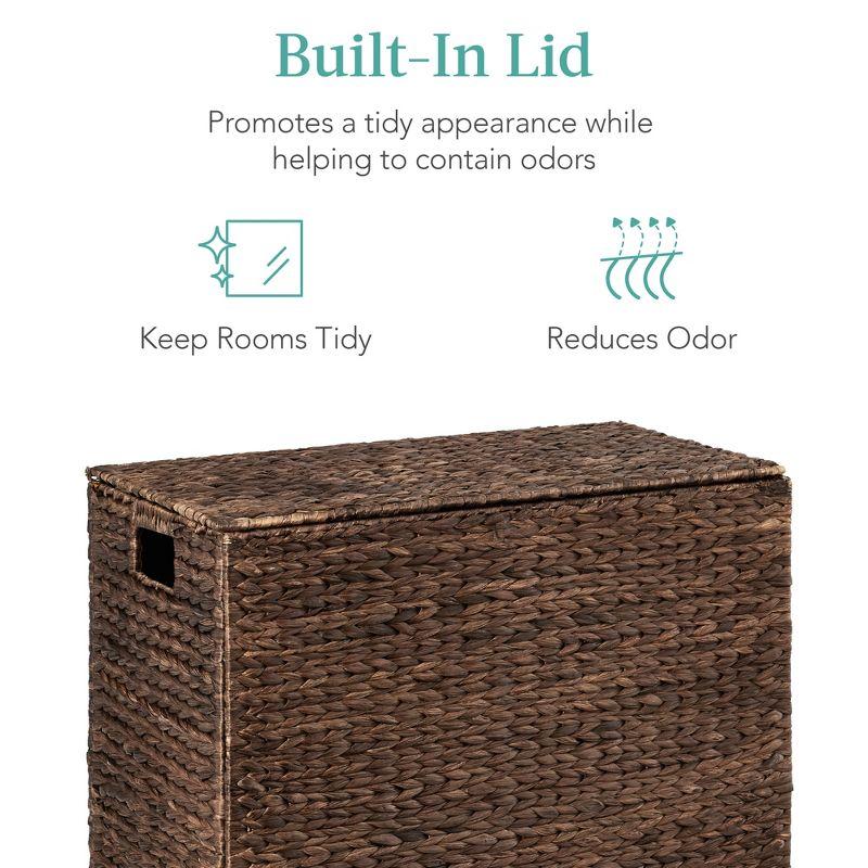 Best Choice Products Large Natural Water Hyacinth Double Laundry Hamper Basket w/ 2 Liner Bags, Handles - Espresso