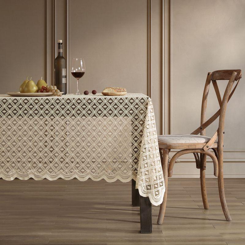 HLC.ME Alona Lace Fabric Table Cloth for Round Tables, Wrinkle Resistant, Patterned Scalloped Tablecloth - Linen, 70 Round