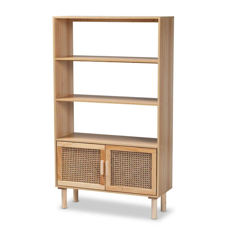 55.1" Faulkner Natural Wood Rattan 2 Door Bookcase Brown - Baxton Studio: Mid-Century Design, 3 Shelves