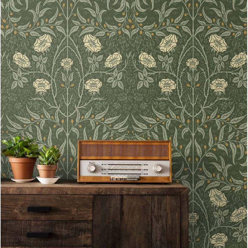 NextWall Stenciled Floral Peel and Stick Wallpaper Green: Vintage Botanical Vinyl, Self-Adhesive, Repositionable, 30.75 Sq Ft Coverage