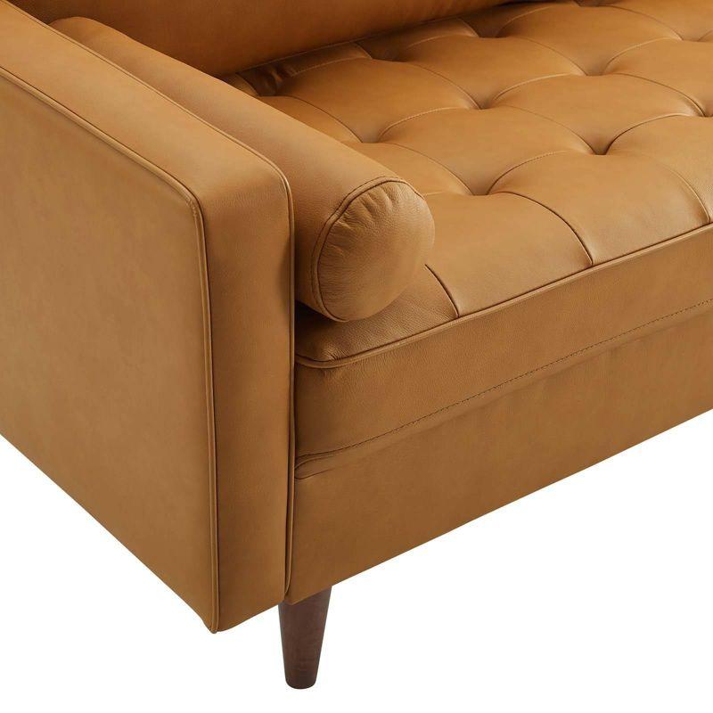 Mid-Century 73'' Tufted Brown Leather Sofa with Walnut Wood Legs