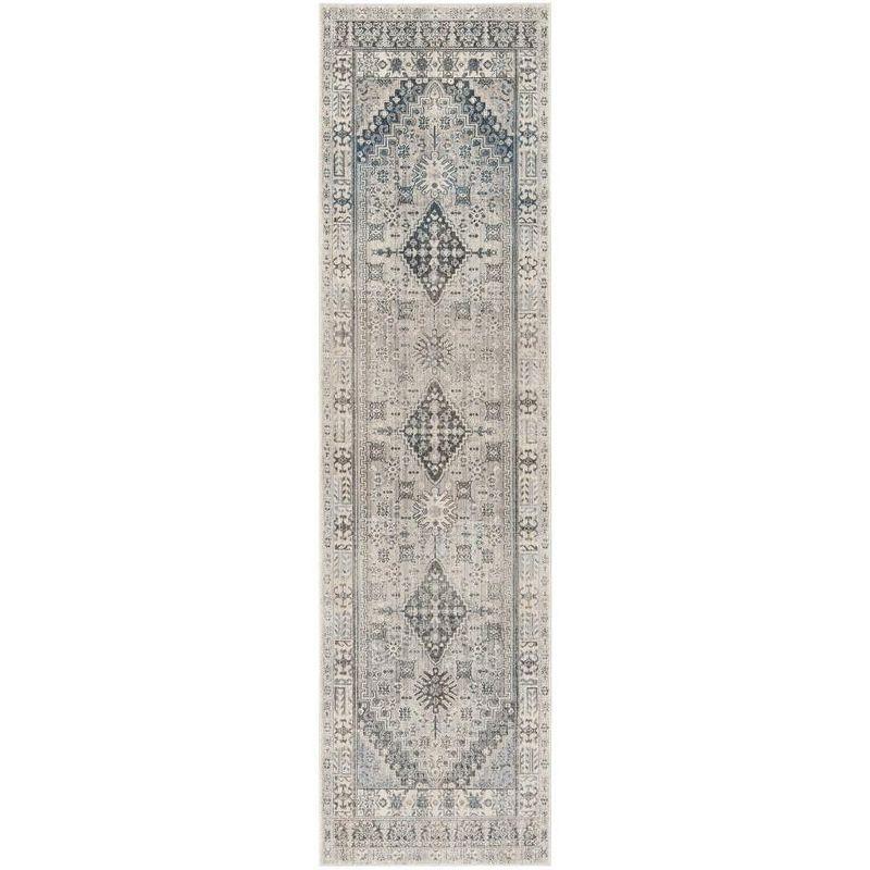 Vintage Gray and Blue Hand-knotted Synthetic Runner Rug