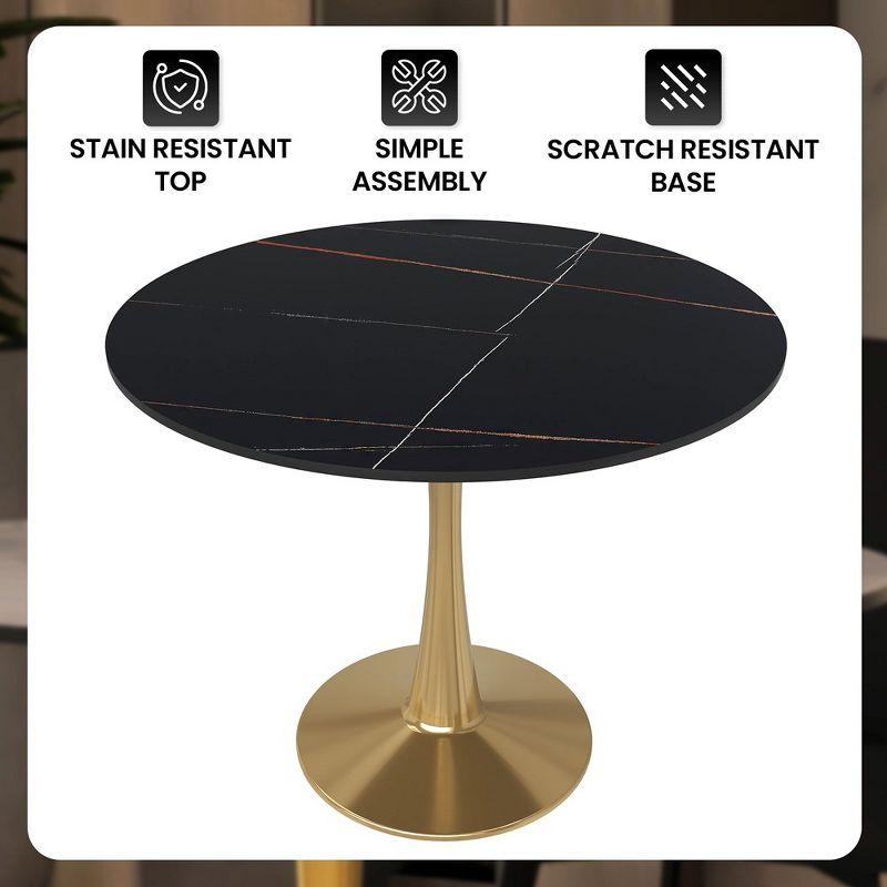 LeisureMod Bristol 35" Round Dining Table – Sintered Stone Top Accent Café Table & Sturdy Steel Gold Pedestal Base for Kitchen and Small Spaces