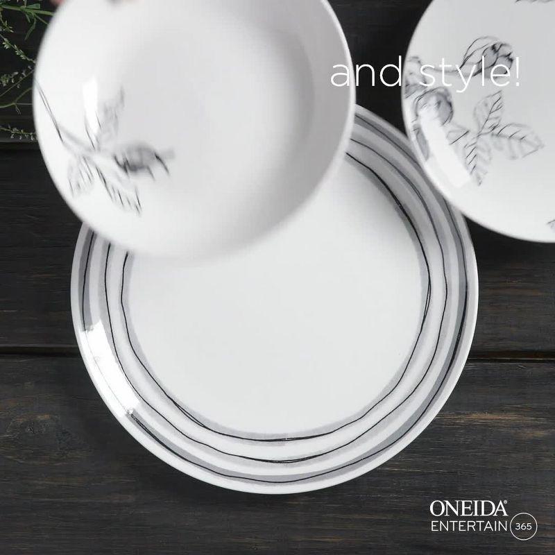 Oneida 12pc Sketchbook Dinnerware Set Gray/White: Porcelain, Floral Pattern, Service for 4, Includes Plates & Bowls