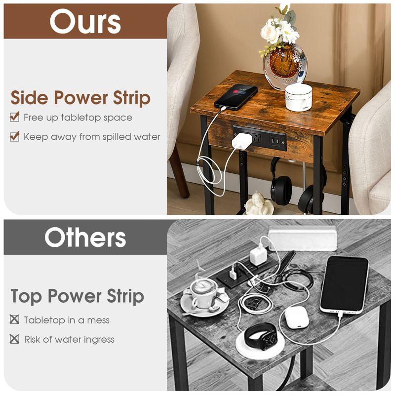 Costway Set of 2 End Tables with Charging Station Industrial Bed Side Table with AC Outlets & USB Port Rustic Brown