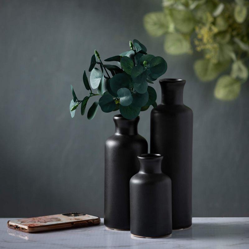 Sullivans Matte Black Set of 3 Small Ceramic Bottle Vases 5"H  7.5"H & 10"H Black