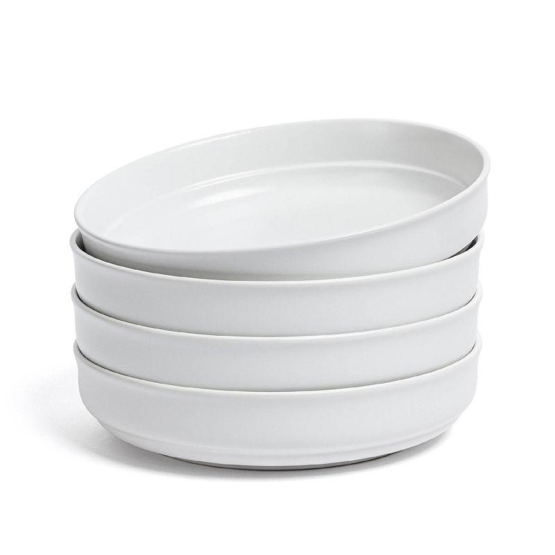 White Semi-Matte Stoneware Rimmed Dinner Bowls, Set of 4