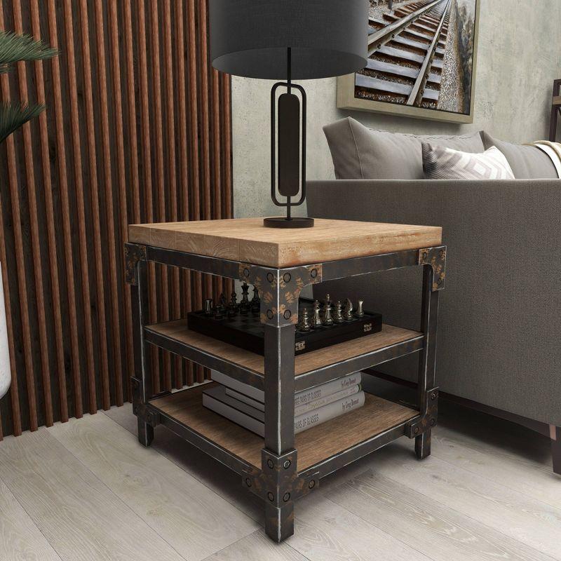 Olivia & May Industrial 3 Tier Side Table Brown: Sturdy Wood Frame, Fixed Shelves, Square Shape