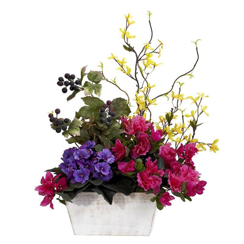 Nearly Natural Mixed Floral with Azalea & White Wash Planter Silk Arrangement