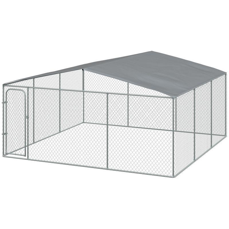 PawHut Outdoor Metal Dog Kennel, Pet Playpen with Steel Lock, Mesh Sidewalls and Cover for Backyard & Patio