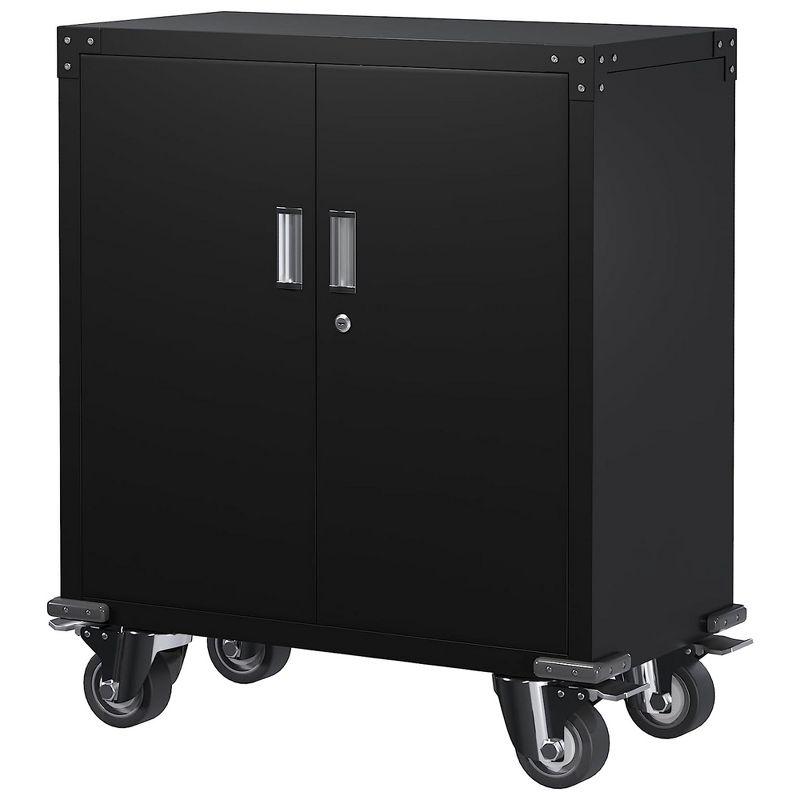 Black Steel Lockable Office Cabinet with Adjustable Shelves and Wheels