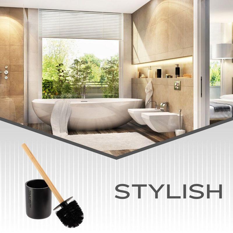 Matte Black Toilet Brush Holder Set with Bamboo Handle