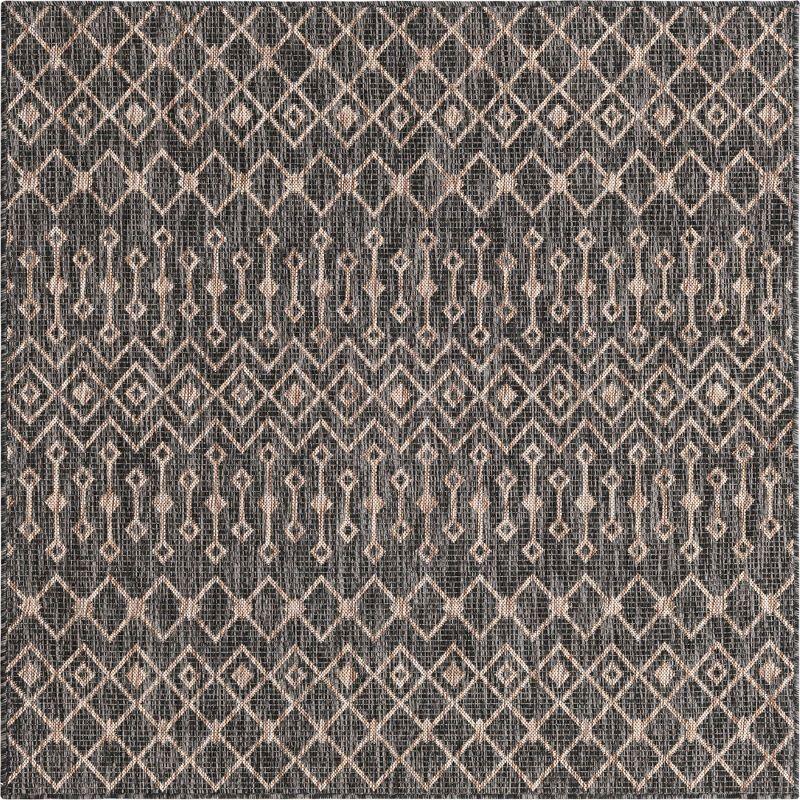 Charcoal Gray Trellis 5'3" Square Synthetic Outdoor Rug