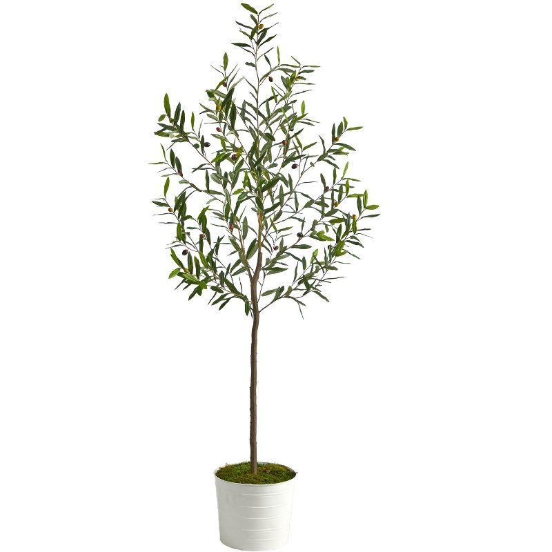 Nearly Natural 70-in Olive Artificial Tree in White Tin Planter