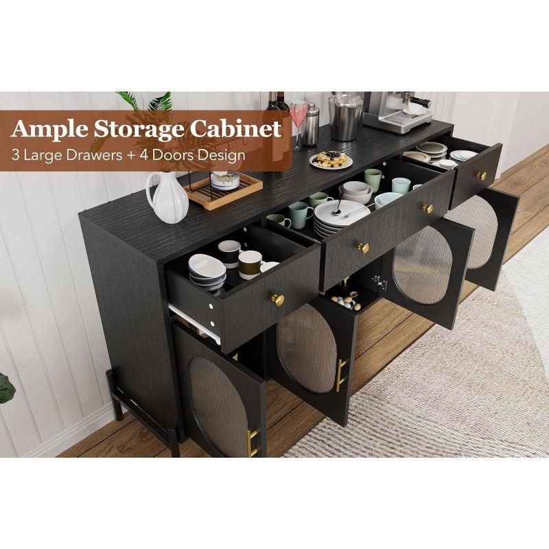 62" Large Sideboard Buffet Cabinet with Storage and 3 Drawers, Buffet Table Coffee Bar Storage Cabinet with 4 Glass Doors