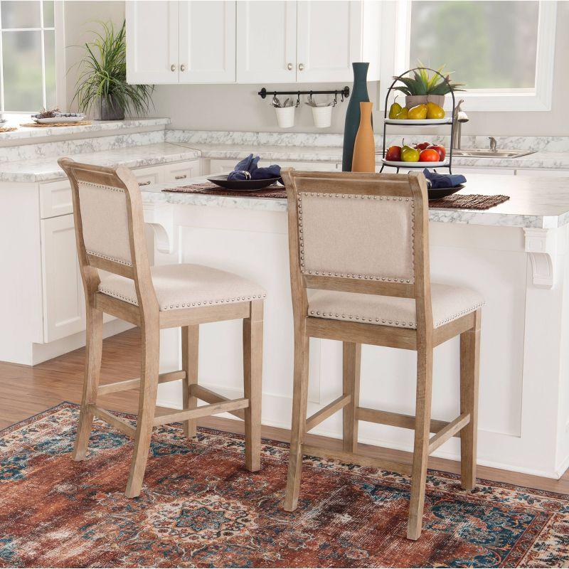 Emmy Padded Back Nailhead Counter Height Barstool Natural - Linon: Upholstered, Footrest, Rustic Wash