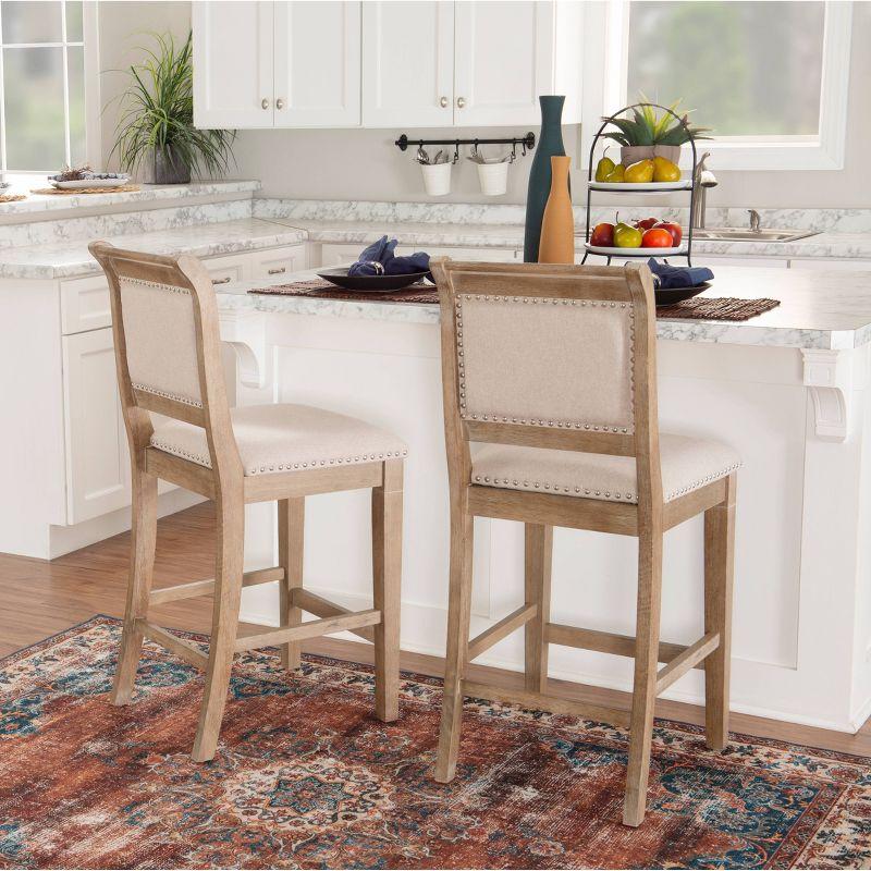 Natural Wood Counter Stool with Stripe Upholstery