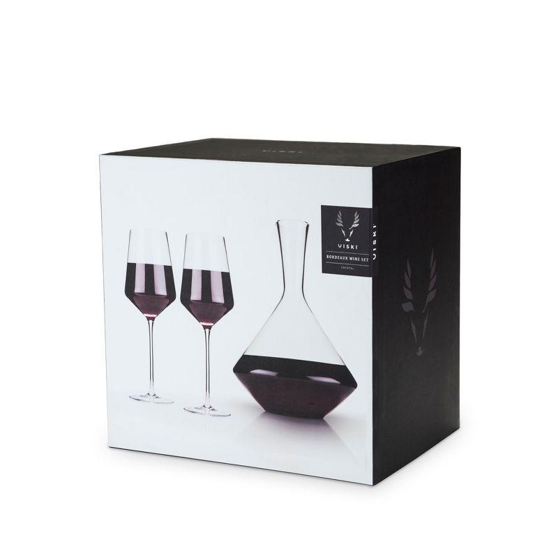Viski Raye Bordeaux Wine Glasses & Decanter Set - Premium Crystal Clear Glass, Modern, Stemmed, Flat Bottom, Red Wine Gift - Set of 3