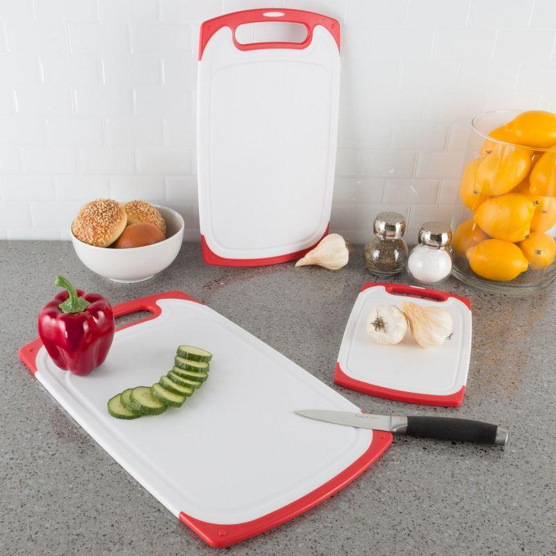 Cutting Boards - 3-Piece Plastic Chopping Board with Juice Groove - Dishwasher Safe Cooking or Food Prep Kitchen Essentials by Classic Cuisine (Red)