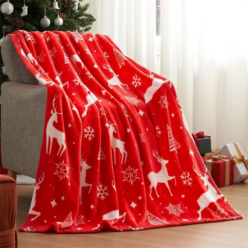 Red Reindeer Christmas Fleece Sherpa Throw Blanket 50x60''