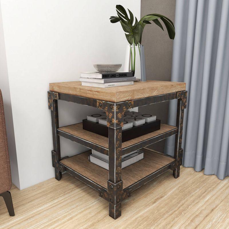 Olivia & May Industrial 3 Tier Side Table Brown: Sturdy Wood Frame, Fixed Shelves, Square Shape