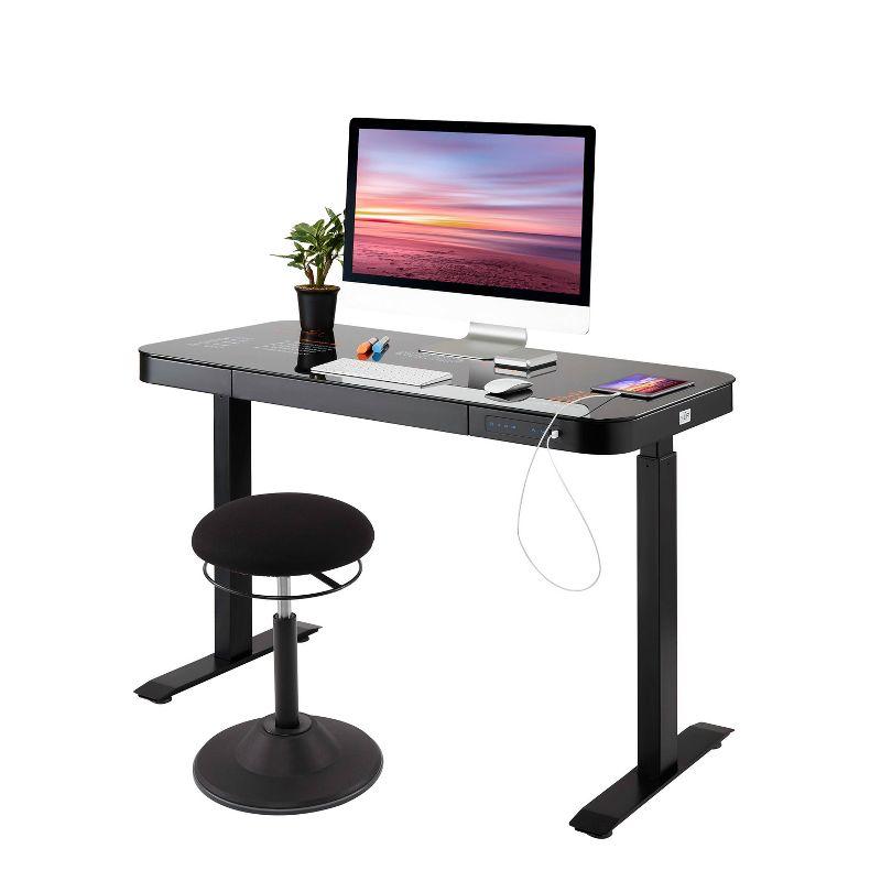 Black Adjustable Height Glass Standing Desk with USB Port and Drawer