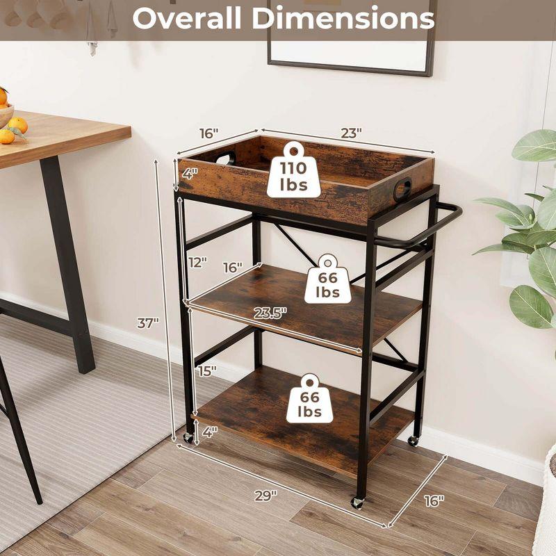 Costway 3-Tier Bar Cart with Detachable Tray 4 Lockable Casters & 1 Handy Handle