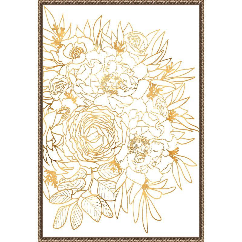 Gold Botanical-Inspired Floral Canvas Print with Beaded Frame