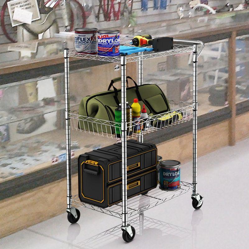 Costway 3-Tier Utility Cart Heavy Duty Wire Rolling Cart w/Handle Bar Storage Trolley