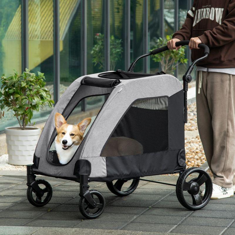 PawHut Pet Stroller Universal Wheel with Storage Basket Ventilated Foldable Oxford Fabric for Medium Size Dogs