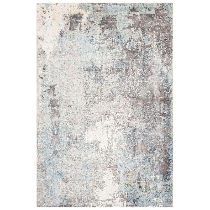 Ivory and Blue Hand-Knotted Viscose Area Rug, 6' x 9'