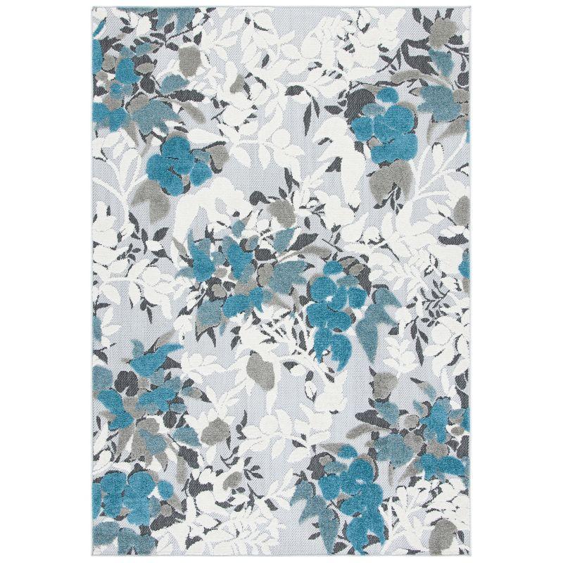 Beige and Blue Floral Synthetic Indoor/Outdoor Rug