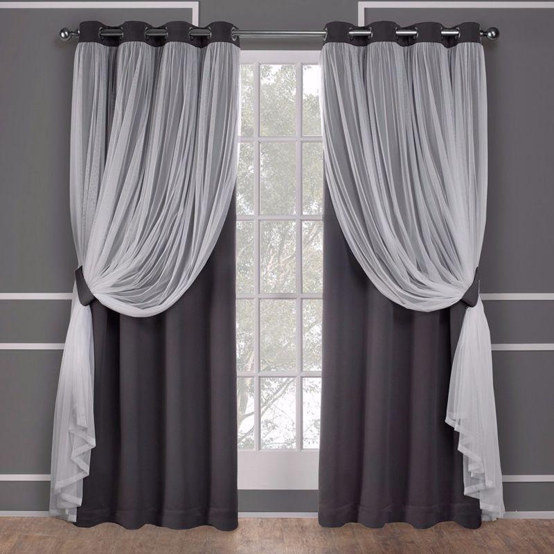 Set of 2 (108"x52") Caterina Layered Solid Blackout with sheer top Curtain Panels Black Pearl - Exclusive Home