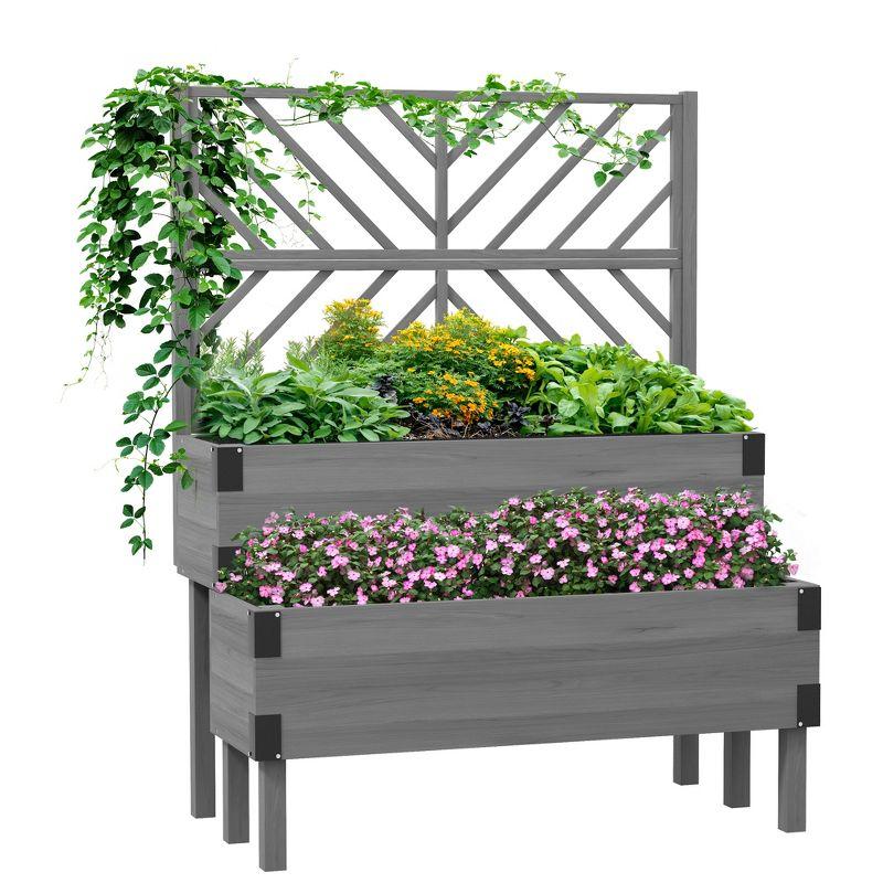 Gray 2-Tier Wooden Raised Garden Bed with Trellis and Metal Corners