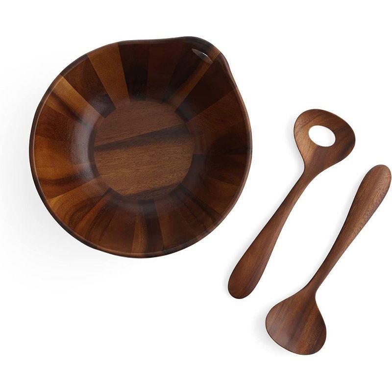 Nambe Portables Wood Salad Bowl with Servers, 3-Piece Set, Acacia Wood Large Salad Bowl, Mixing Bowl with Wooden Serving Spoons,11 Inch