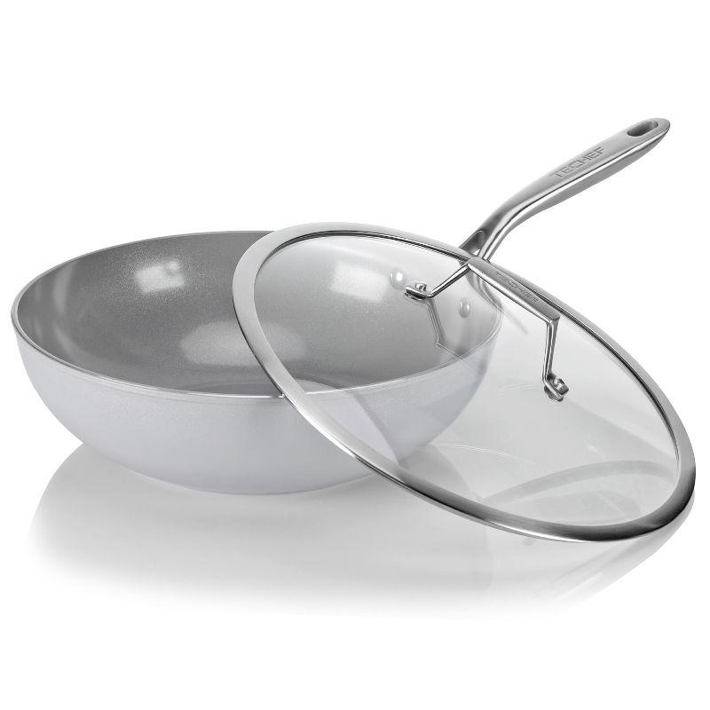 12" Silver Ceramic Nonstick Wok with Glass Lid