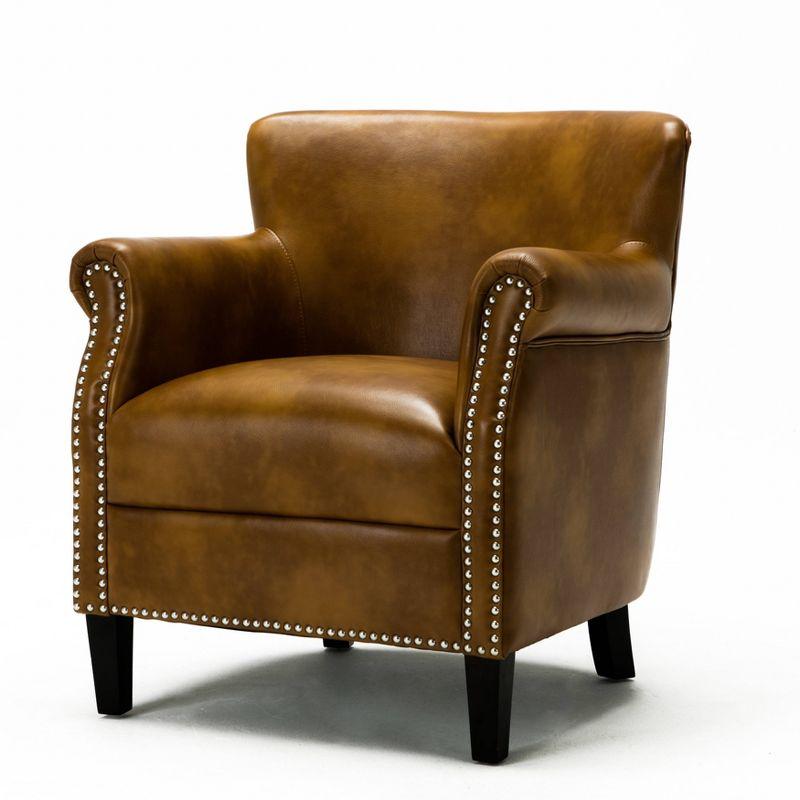 Comfort Pointe Holly Club Chair Camel: Upholstered Nailhead Trim, Faux Leather, Sturdy Wood Frame