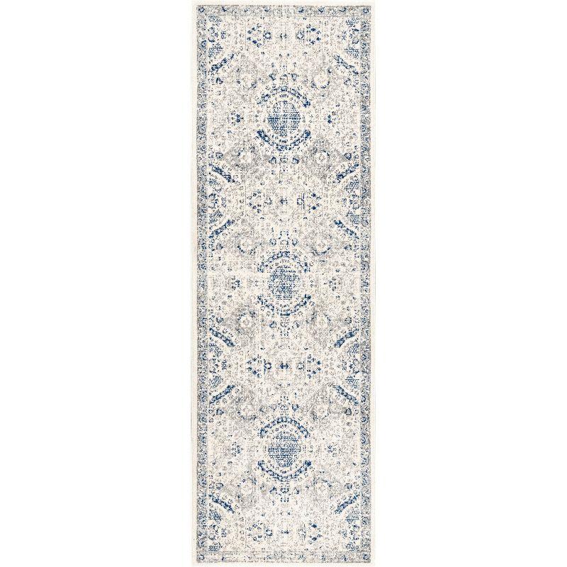 Blue and Off-White Tufted Vintage Runner Rug