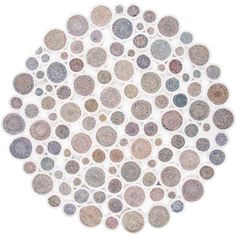 Ivory and Multicolor Hand-Knotted Round Synthetic Rug