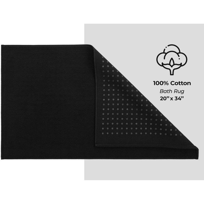 American Soft Linen 100% Cotton Bath Mat Rugs, 20x34 inches Slip Resistant Bottom Base Bath Mats for Bathroom, Black