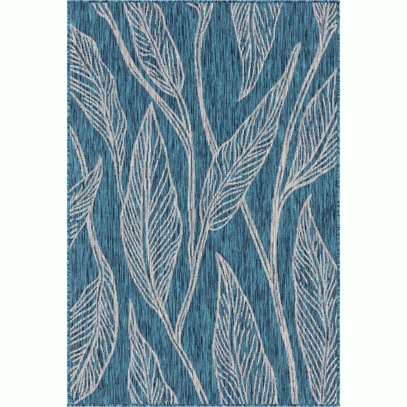 Teal and Ivory Botanical Outdoor Rectangular Rug 4' x 6'