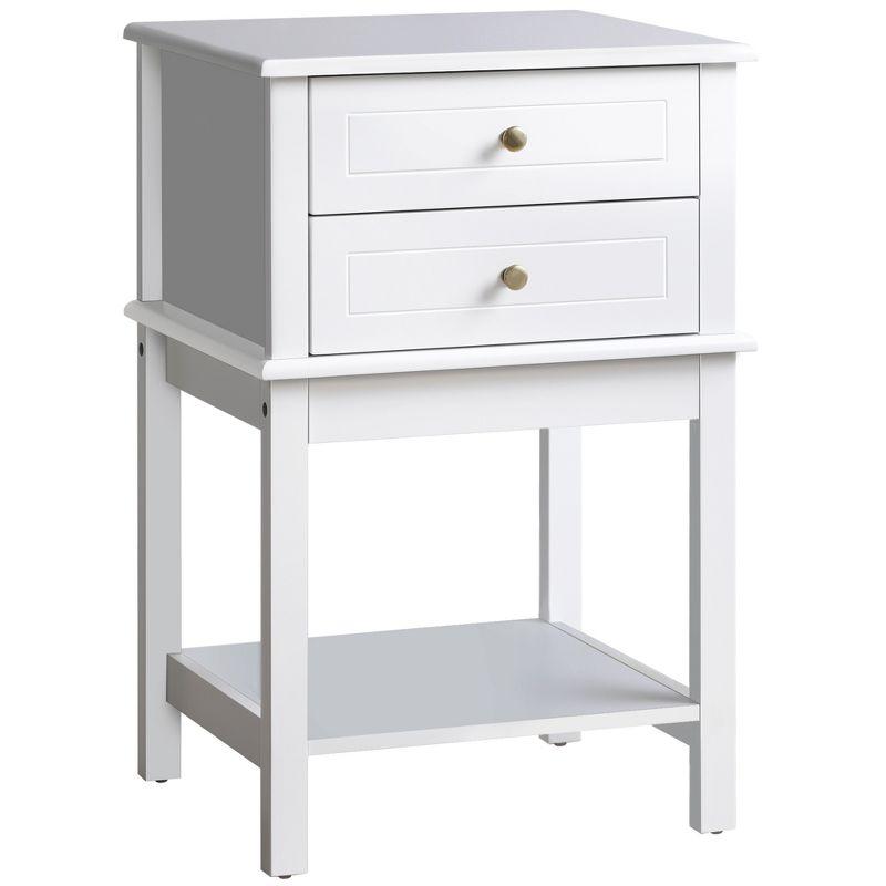 Modern White Wood Side Table with Storage Drawers and Shelf