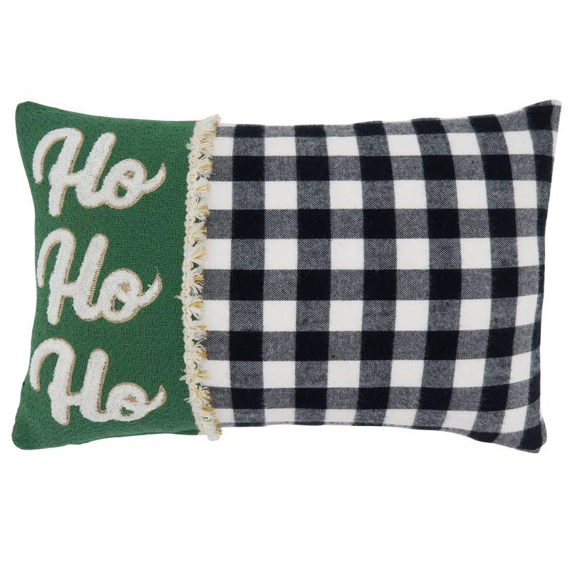 Ho Ho Ho Buffalo Plaid Poly Filled Throw Pillow - Saro Lifestyle: Cotton-Acrylic, Indoor Decor, Zippered